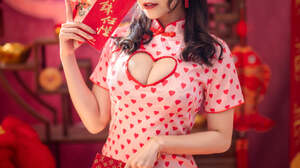 Polka Dots Dress Asian Women Oriental Long Hair Brunette Red Joshua Chang Looking At Viewer Red Lips 1325x1988 Wallpaper