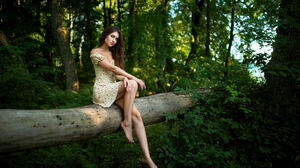 Dmitry Shulgin Women Brunette Long Hair Dress Legs Barefoot Nature Forest Model Log Tree Trunk Women 2048x1365 Wallpaper