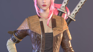 Xiao Bao CGi Women Pink Hair Bangs Jacket Weapon Sword Brown Clothing Holster Simple Background Hete 1920x2623 Wallpaper
