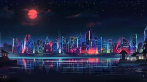 RmRadev Digital Art Artwork Illustration City Cityscape Night Nightscape Building Skyscraper Clouds  3500x1500 Wallpaper