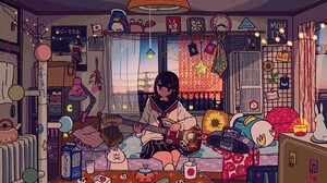 Anime Anime Girls Guitar Room Milk Cats Radio Candles Animals Rabbits Japanese Sunset Glow 2560x1440 Wallpaper