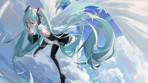 Anime Anime Girls Hatsune Miku Vocaloid Long Hair Twintails Blue Hair Blue Eyes Wings Sky Clouds Loo 5676x3699 Wallpaper