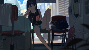 Anime Girls Washing Machine Headphones Short Shorts Phone Building Long Hair Band Aid Sitting Chair  3000x1994 Wallpaper