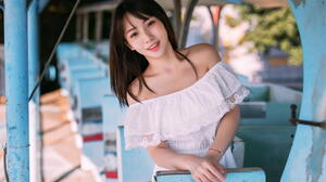 Asian Model Women Long Hair Dark Hair Depth Of Field White Dress Bare Shoulders Bracelets Looking At 1920x1280 Wallpaper