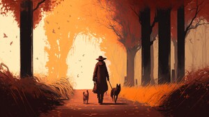 Ai Art Orange Illustration Dog Fall Path Animals Trees 4579x2616 Wallpaper