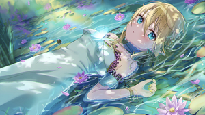 Anime Girls Lying Down Lying On Back Water Looking At Viewer Blonde White Dress Blue Eyes Long Hair  4404x3113 Wallpaper
