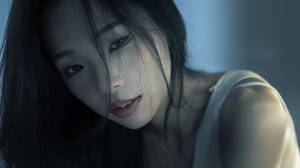Chou Hsuan Yung Women Asian Dark Hair Hair In Face Portrait Tank Top Blue Skinny 3127x3500 Wallpaper