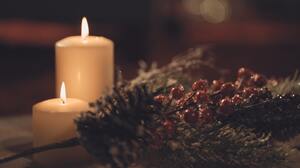 Christmas Winter Candles Bokeh Depth Of Field Snow Brown Background 9221x6147 Wallpaper