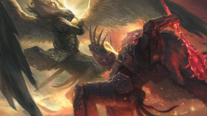 Warhammer 40 000 Horus Heresy Horus Wings Sanguinius Gold Red Chaos Gods Battle Spear Mace Gods Demi 3931x2200 Wallpaper