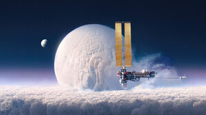 Artwork Digital Art Moon Satelites Clouds Space 1920x1052 Wallpaper