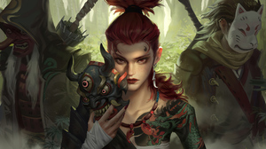 Hou China Artwork Oni Mask Female Warrior Tattoo Horns Redhead 3840x1920 Wallpaper