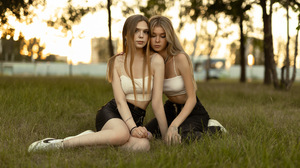Women Sitting Blonde Grass Sneakers Long Hair Nike Trees Jeans Two Women Nose Ring Zipper Skirt Mode 2000x1333 Wallpaper