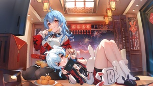 Anime Anime Girls Blue Hair Red Eyes Nintendo Switch Bunny Ears Lying On Side V Eating Fruit Orange  8000x5332 Wallpaper