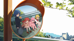 Anime Pixiv BOCCHi THE ROCK Anime Girls Sitting Leaves Branch Drink Juice Building Kita Ikuyo Ryo Ya 3840x2160 wallpaper
