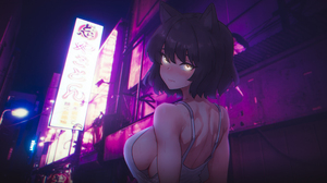 Cat Girl Anime Neon Cyberpunk Looking At Viewer Short Hair Cat Ears Sign Japanese Glowing Eyes Yello 1920x1080 Wallpaper