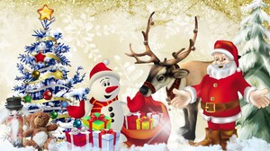 Snow Santa Rudolph Reindeer Reindeer Gift Snowman Tree Teddy Bear 1920x1080 Wallpaper