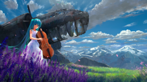 Hatsune Miku Vocaloid Anime Girl Violin Cloud Mountain Twinitails Long Hair White Dress Blue Hair Bl 2520x1080 Wallpaper