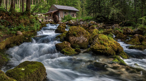 Austria Nature Stream Forest Stones Moss Watermills House 3840x2560 Wallpaper