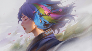 Fantasy Girl Closed Eyes Blue Hair Kimono Women Flowers Flower In Hair Artwork Fantasy Art Digital A 3840x2160 Wallpaper