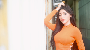 Asian Women Model Orange Dress Long Hair Brunette Looking At Viewer Women Outdoors 2880x1620 Wallpaper