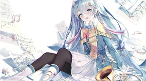 Blue Hair Anime Girls Twintails Musical Notes Musical Instrument Uniform Hat Vocaloid Hatsune Miku G 3500x2514 Wallpaper