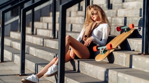 Women Long Hair Blonde Legs Skateboard Sunglasses Women With Shades Sneakers White Sneakers 4K Women 3840x2400 Wallpaper
