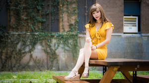 Asian Model Women Long Hair Dark Hair Yellow Dress Nylons Table Bench Depth Of Field Sitting Legs Cr 3840x2559 Wallpaper