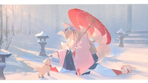 Fox Fox Girl Umbrella Winter Anime Girls Fox Ears Fox Tail Animals Snow Closed Eyes Trees 2048x1166 Wallpaper