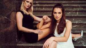 Women Model Two Women Looking At Viewer Long Hair Makeup Black Dress White Dress Inked Girls Stairs  2048x1366 Wallpaper