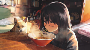 Anime Girls Eating Anime Girls Eating Noodles Black Hair Long Hair Glasses In Bedroom Blushing Dog C 1920x1080 Wallpaper