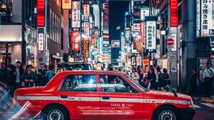 Simon Zhu Tokyo Urban Taxi Neon Cityscape Car Vehicle Red Cars People Asia 3411x4264 Wallpaper