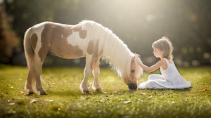 Pony Grass Sunny White Dress Little Girl 5760x3053 Wallpaper