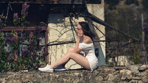 Igor Viushkin Women Brunette Wind White Clothing Legs Sneakers Flowers Lilac Model Women Outdoors 2048x1365 Wallpaper
