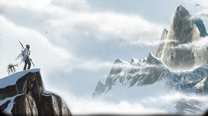 Clouds Digital Art Mountains Snow Spaceship JC Richard Sky Cliff Robot Standing 1920x1128 Wallpaper