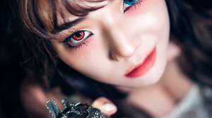 Asian Model Women Gun Heterochromia Contact Lenses Face Closeup Dark Hair Looking At Viewer Aiming R 1366x2047 Wallpaper