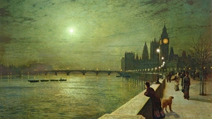 Painting City Water Night Artwork John Atkinson Grimshaw London UK Westminster Big Ben River Thames  1920x1080 Wallpaper