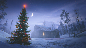 3D New Year Christmas Tree 35MM Snow Moon Night Stars House CGi 1920x1080 Wallpaper