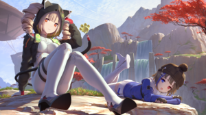 Anime Anime Girls Two Women Women Outdoors Heterochromia Red Eyes Legs Sitting Woolly Hat Landscape  2000x1125 Wallpaper