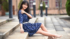 Asian Model Women Sitting Stairs Depth Of Field Barefoot Sandal Earring Blue Dress Belt Poles Flower 2048x1367 Wallpaper