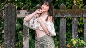 Asian Model Women Long Hair Dark Hair Fence Shorts Short Tops Bushes Bare Shoulders Women Outdoors 1920x1280 Wallpaper