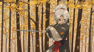Fall China Anime Girls Forest Trees Katana Hairbun White Hair 4088x2773 Wallpaper