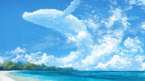 Pixiv Artwork Digital Art Whale Water Animals Sky Clouds Beach Sand Portrait Display 1984x2268 wallpaper
