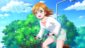 Kousaka Honoka Love Live Anime Girls Anime Sunlight Bicycle Clouds Sky Short Hair Short Shorts Trees 3600x1800 Wallpaper