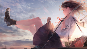 Anime Girls Anime Swing Women Outdoors Outdoors Sky Brunette Legs Skirt Swings School Uniform Artwor 1920x1080 Wallpaper
