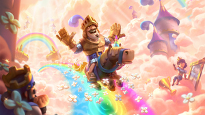 Clash Royale Video Game Art Rainbows Clouds Sun Rays Unicorn Horseman Knight Tower Video Game Charac 6400x5481 Wallpaper