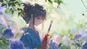 Anime Anime Girls Ciloranko Artwork Dark Hair Blue Eyes Japanese Clothes Umbrella Rain 2211x1050 wallpaper