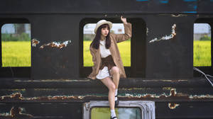 Lee Hu Women Asian Brunette Hat Casual Coats Brown Clothing Train Rust 2048x1366 Wallpaper