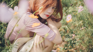 Asian Women Model Brunette Looking At Viewer Face Portrait Pink Tops Suspenders Squatting Flowers Bo 3840x2560 Wallpaper