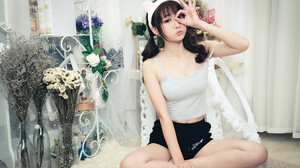 Asian Model Women Long Hair Dark Hair Sitting Legs Crossed Black Shorts Twintails Hairband Flowers C 2048x1365 Wallpaper