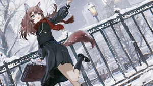 Anime Anime Girls Original Characters Fox Girl Snow Scarf School Uniform 3840x2400 Wallpaper